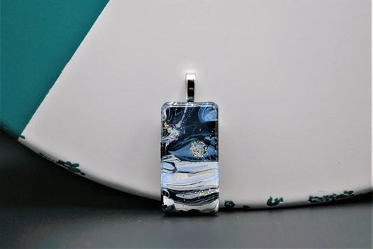 Black, White and Blue with Glitter Accents Acrylic Pour Pendant