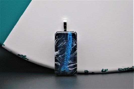 Black and White with Blue Glitter Acrylic Pour Pendant