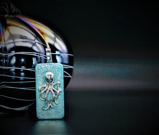 Turquoise Glitter Domino Pendant with Octopus Charm