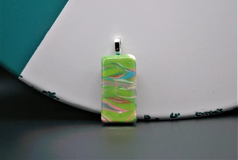 Green, Teal, Pink and White Acrylic Pour Pendant