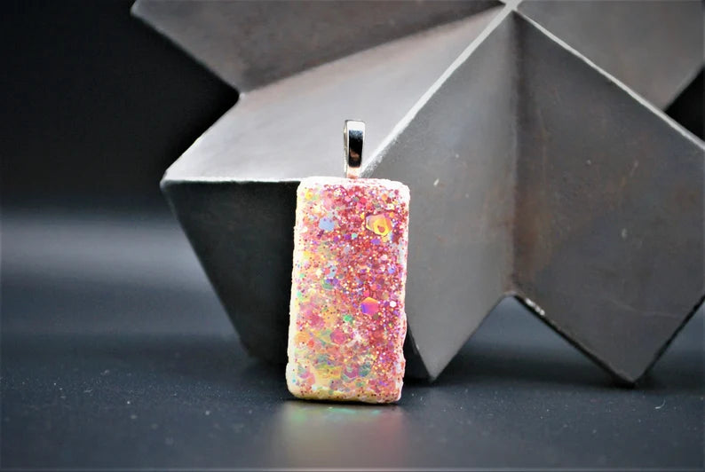 Pink and White Glittered Domino Pendant