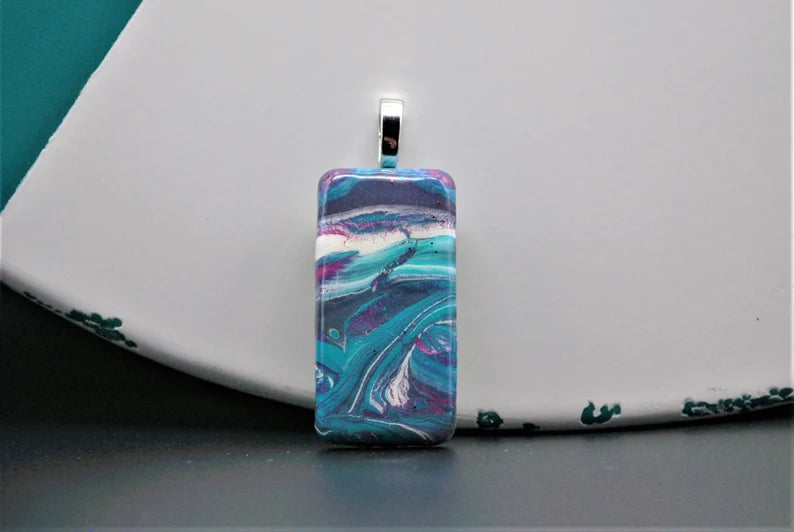 Turquoise, Purple and White Acrylic Pour Pendant